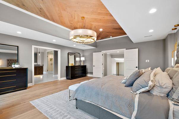 Bedroom, Chandelier, Interior, Recessed Lighting, Wooden Ceilings, Wood Texture Flooring