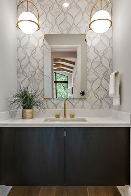 Bathroom, Interior, Marble Walls, Wood Texture Flooring