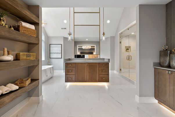 Bathroom, Glass Shower, Interior, Marble, Pendant Lights, Recessed Lighting