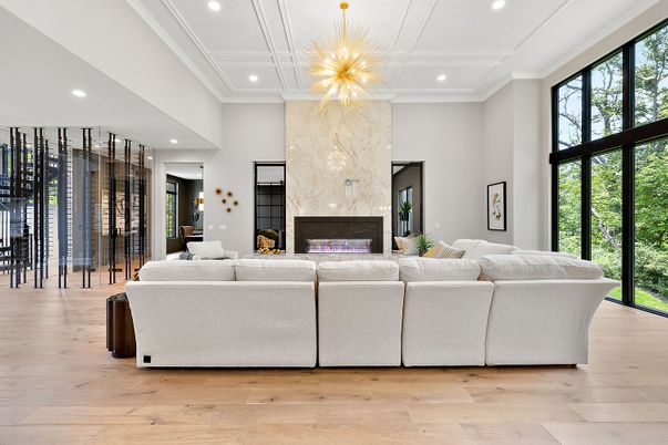 Fireplace, Interior, Living room, Pendant Lights, Recessed Lighting, Wine Storage, Wood Texture Flooring