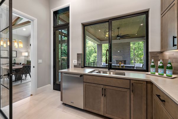 Dining room, Interior, Kitchen, Recessed Lighting, Stone Walls, Wood Texture Flooring