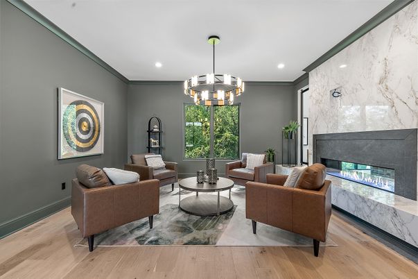 Chandelier, Fireplace, Interior, Living room, Marble Walls, Recessed Lighting, Wood Texture Flooring