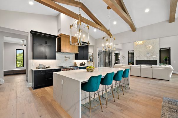 Fireplace, Interior, Kitchen, Living room, Pendant Lights, Recessed Lighting, Stainless Steel Appliances, Wooden Beams, Wood Texture Flooring