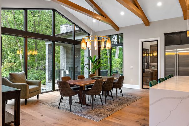 Dining room, Interior, Kitchen, Pendant Lights, Recessed Lighting, Stainless Steel Appliances, Wooden Beams, Wood Texture Flooring