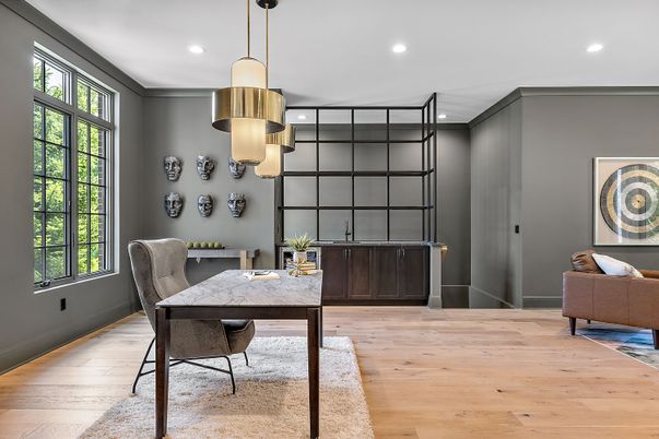 Home Office, Interior, Pendant Lights, Recessed Lighting, Wood Texture Flooring