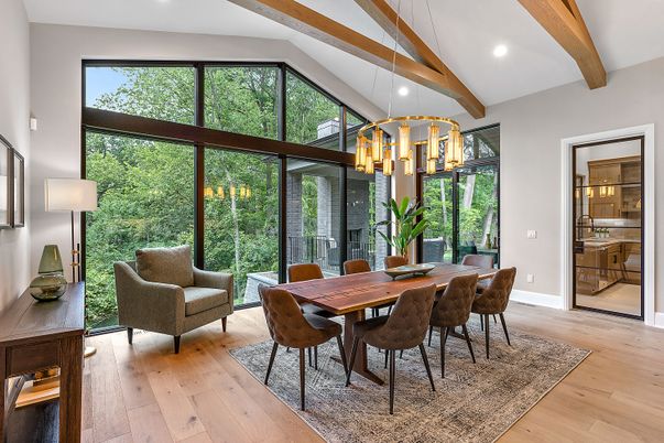 Dining room, Interior, Pendant Lights, Recessed Lighting, Wooden Beams, Wood Texture Flooring