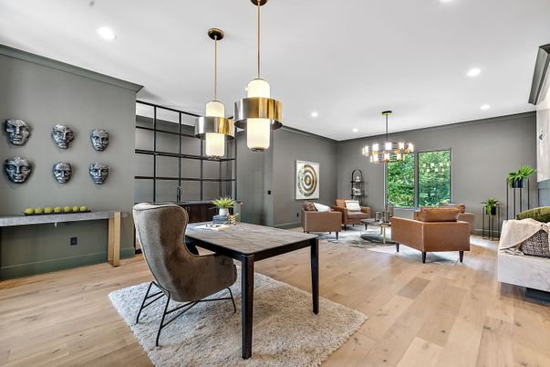 Dining room, Interior, Living room, Pendant Lights, Recessed Lighting, Wood Texture Flooring