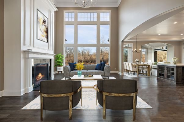 Chandelier, Dining room, Fireplace, Interior, Living room, Recessed Lighting, Wood Texture Flooring