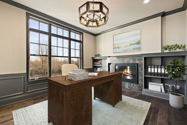 Fireplace, Home Office, Interior, Recessed Lighting, Wood Texture Flooring