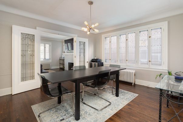 Dining room, Fireplace, Interior, Pendant Lights, Wood Texture Flooring