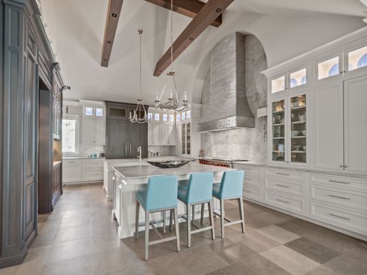 Chandelier, Interior, Kitchen, Pendant Lights, Stainless Steel Appliances, Wooden Beams
