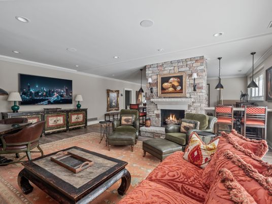 Fireplace, Interior, Living room, Pendant Lights, Recessed Lighting, Stone Walls