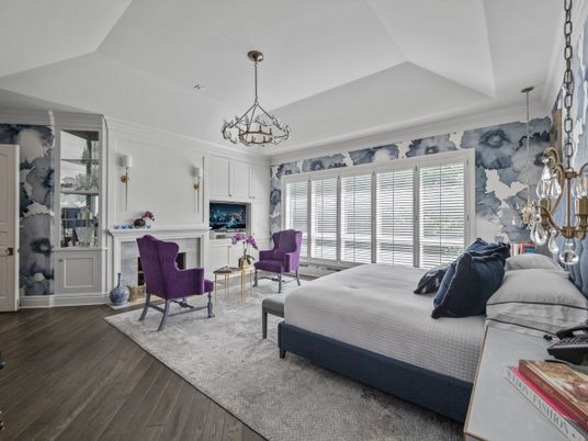 Bedroom, Chandelier, Fireplace, Interior, Wood Texture Flooring
