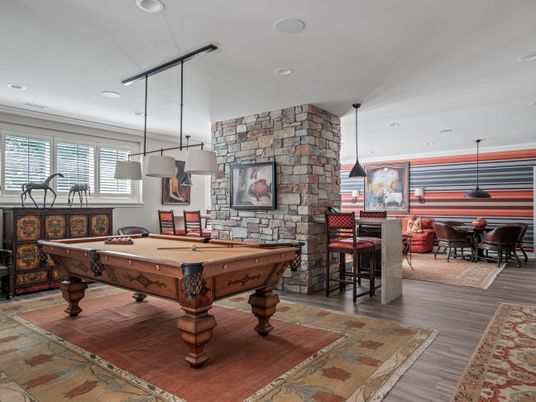 Billiard Table, Game Room, Interior, Pendant Lights, Recessed Lighting, Stone Walls, Wood Texture Flooring