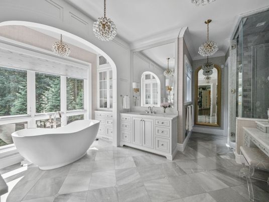 Bathroom, Chandelier, Dual Sink Vanities, Free Standing Baths, Glass Shower, Interior, Pendant Lights
