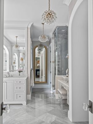 Bathroom, Chandelier, Glass Shower, Interior, Pendant Lights