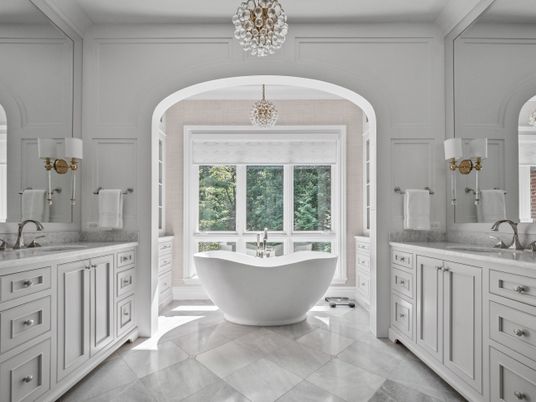 Bathroom, Chandelier, Dual Sink Vanities, Free Standing Baths, Interior, Pendant Lights