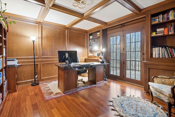 Home Office, Interior, Recessed Lighting, Wooden Beams, Wood Texture Flooring, Wooden Walls