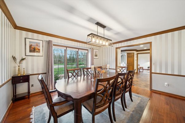 Dining room, Interior, Pendant Lights, Recessed Lighting, Wood Texture Flooring