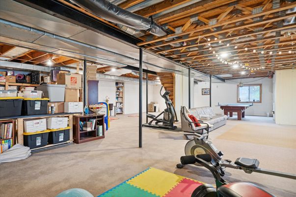 Billiard Table, Fitness Equipment, Game Room, Interior, Wooden Beams
