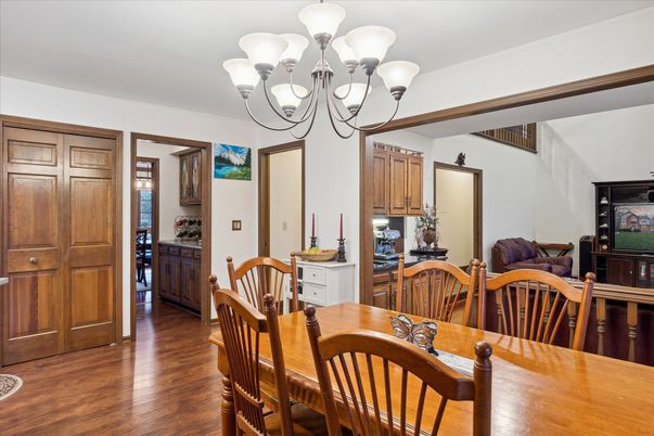 Chandelier, Dining room, Interior, Wood Texture Flooring