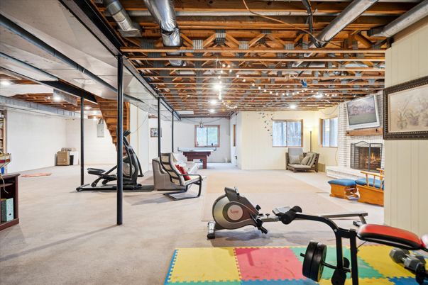 Billiard Table, Fireplace, Fitness Equipment, Game Room, Interior, Wooden Beams