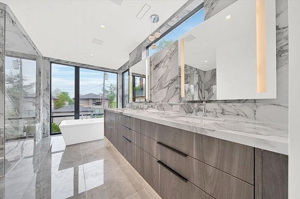 Bathroom, Dual Sink Vanities, Free Standing Baths, Glass Shower, Interior, Marble, Marble Walls, Recessed Lighting