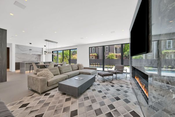 Dining room, Fireplace, Interior, Kitchen, Living room, Marble Walls, Pendant Lights, Recessed Lighting