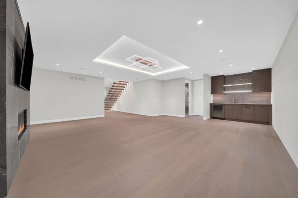 Empty room, Fireplace, Interior, Kitchen, Recessed Lighting, Wood Texture Flooring
