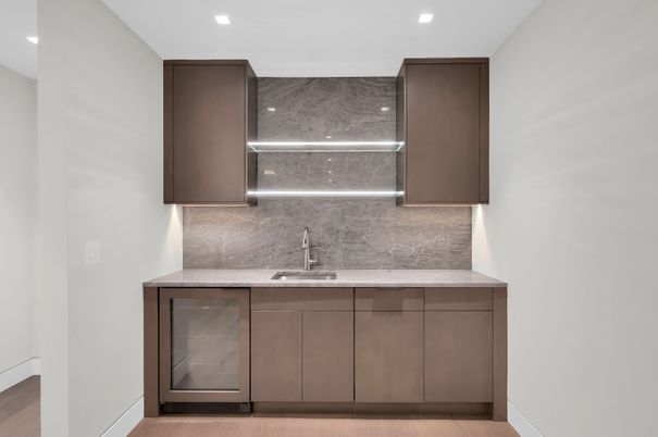 Interior, Kitchen, Marble Walls, Recessed Lighting, Wood Texture Flooring