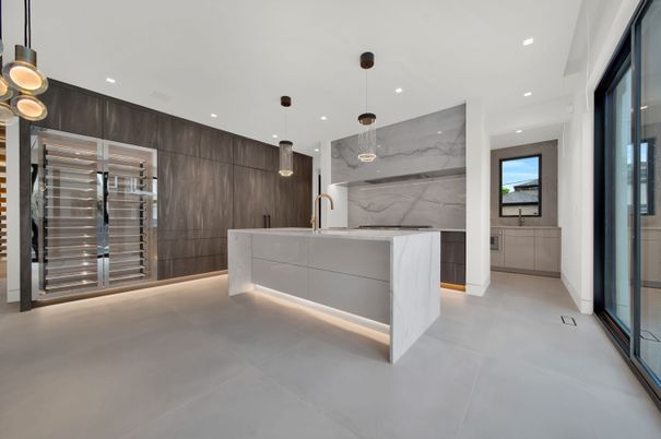 Interior, Kitchen, Marble Walls, Pendant Lights, Recessed Lighting
