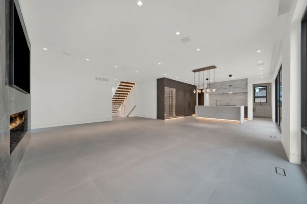 Empty room, Interior, Kitchen, Marble Walls, Pendant Lights, Recessed Lighting