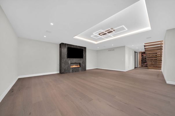 Empty room, Fireplace, Interior, Recessed Lighting, Wood Texture Flooring