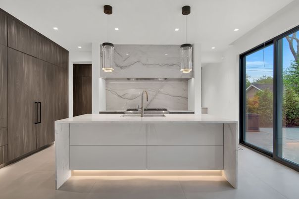 Interior, Kitchen, Marble Walls, Pendant Lights, Recessed Lighting