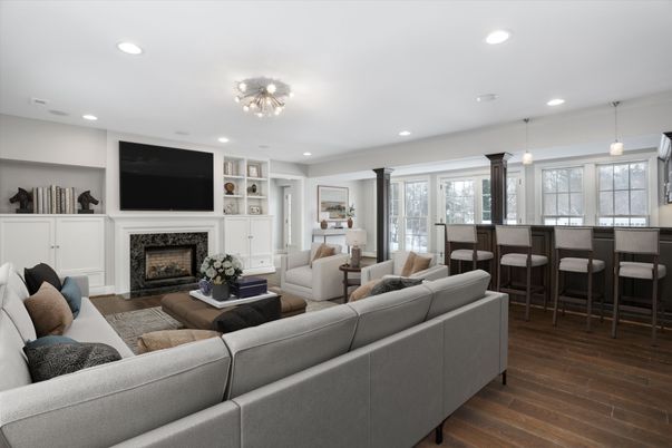 Fireplace, Interior, Living room, Pendant Lights, Recessed Lighting, Wood Texture Flooring