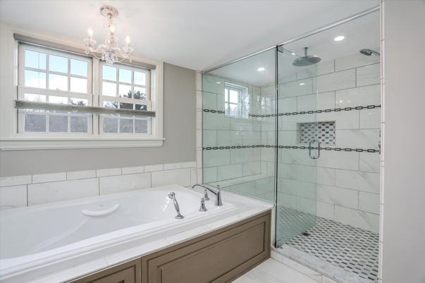 Bathroom, Chandelier, Glass Shower, Interior, Marble Walls, Recessed Lighting