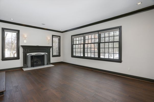 Empty room, Fireplace, Interior, Recessed Lighting, Wood Texture Flooring