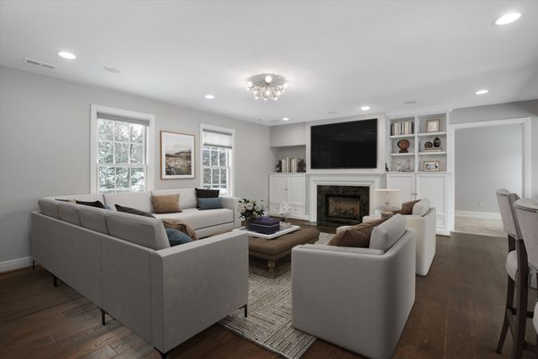 Fireplace, Interior, Living room, Recessed Lighting, Wood Texture Flooring