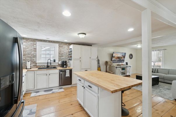 Interior, Kitchen, Recessed Lighting, Stone Walls, Wood Texture Flooring