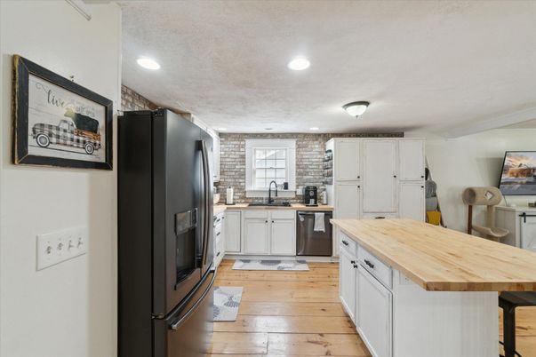 Interior, Kitchen, Recessed Lighting, Stone Walls, Wood Texture Flooring
