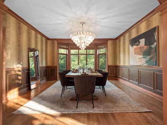 Chandelier, Dining room, Interior, Wood Texture Flooring