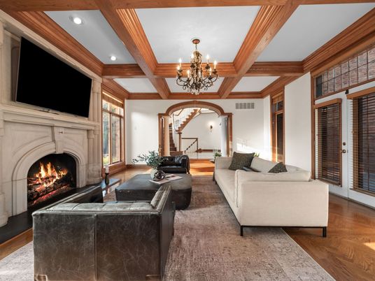 Chandelier, Fireplace, Interior, Living room, Recessed Lighting, Wooden Beams, Wood Texture Flooring