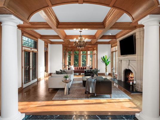 Chandelier, Fireplace, Interior, Living room, Recessed Lighting, Wooden Beams, Wood Texture Flooring