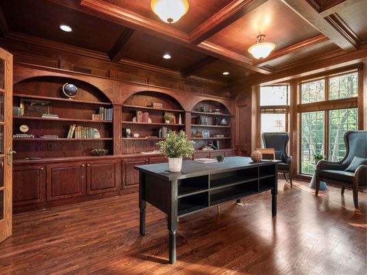 Home Office, Interior, Recessed Lighting, Wooden Beams, Wooden Ceilings, Wood Texture Flooring