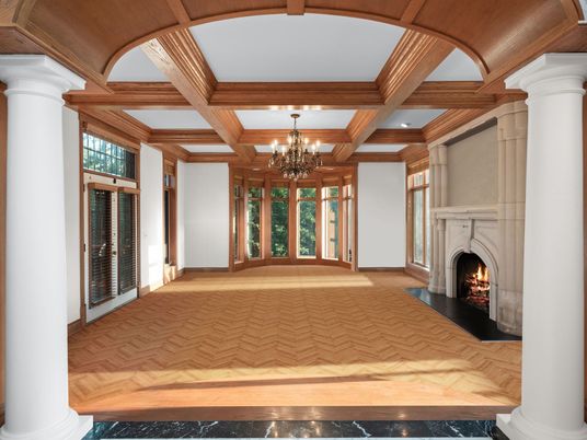 Chandelier, Fireplace, Interior, Recessed Lighting, Wooden Beams, Wood Texture Flooring