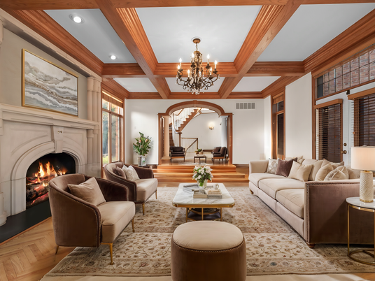 Chandelier, Fireplace, Interior, Living room, Piano, Recessed Lighting, Wooden Beams, Wood Texture Flooring