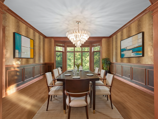 Chandelier, Dining room, Interior, Wood Texture Flooring