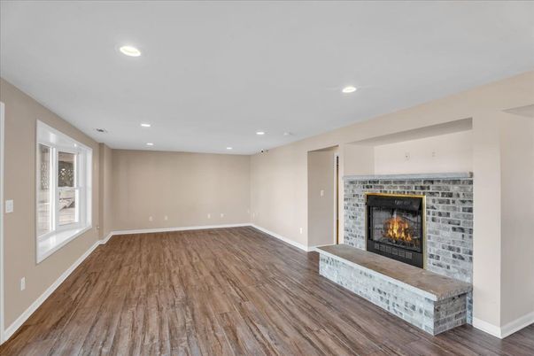 Empty room, Fireplace, Interior, Recessed Lighting, Wood Texture Flooring