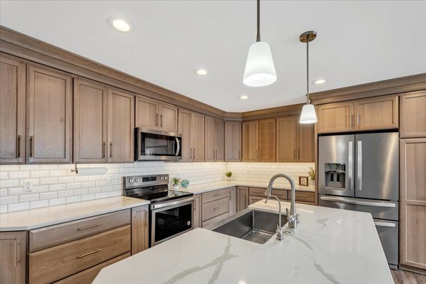 Interior, Kitchen, Pendant Lights, Recessed Lighting, Stainless Steel Appliances, Wood Texture Flooring