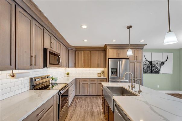 Interior, Kitchen, Pendant Lights, Recessed Lighting, Stainless Steel Appliances, Wood Texture Flooring